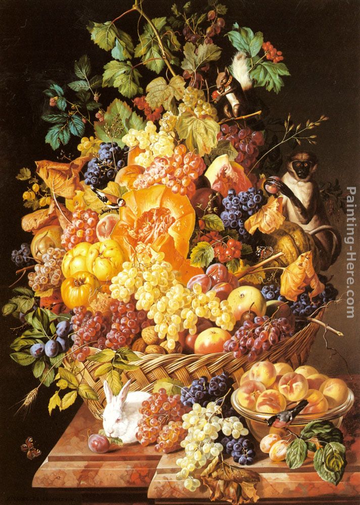 A Basket of Fruit with Animals painting - Leopold Zinnogger A Basket of Fruit with Animals art painting